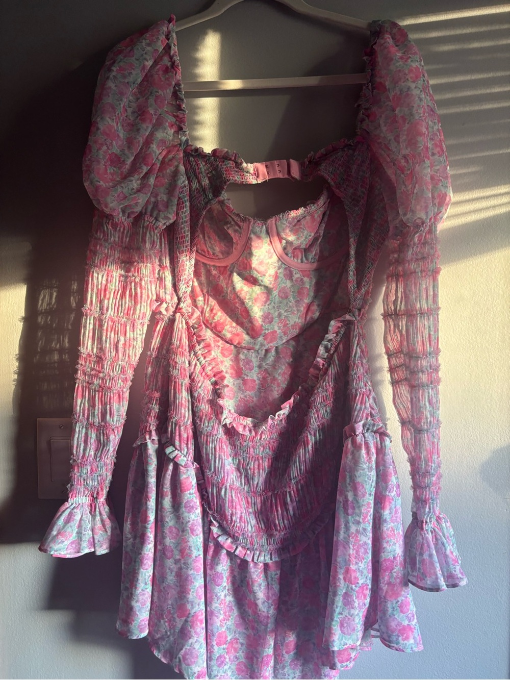 For Love & Lemons Pink Floral Backless Smocked Mini Dress - Picture 2 of 5